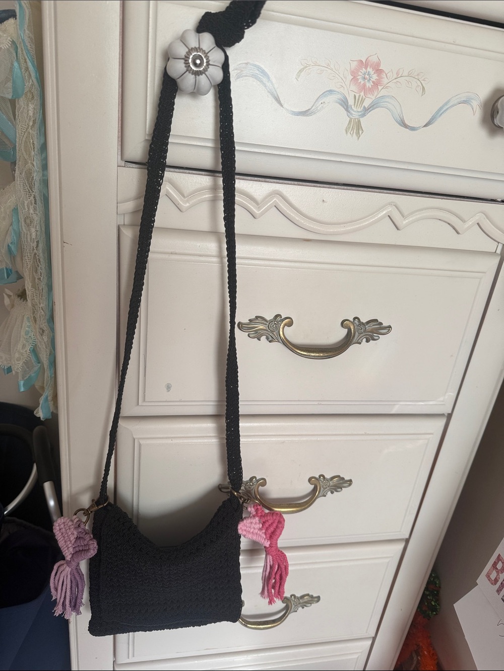 Black Crochet Crossbody Bag with Pink & Lavender Tassels - Picture 6 of 8
